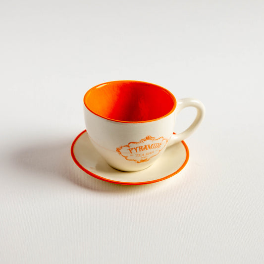 PYRAMIDE Classic Tea Cup & Saucer Set - Orange Accent with Logo